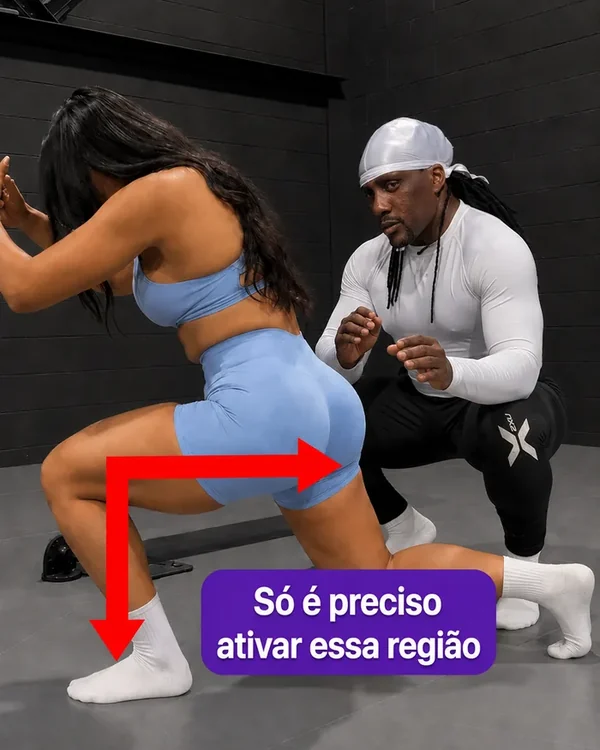 Print do vídeo: seta no glúteo + selo 'Só é preciso ativar essa região'